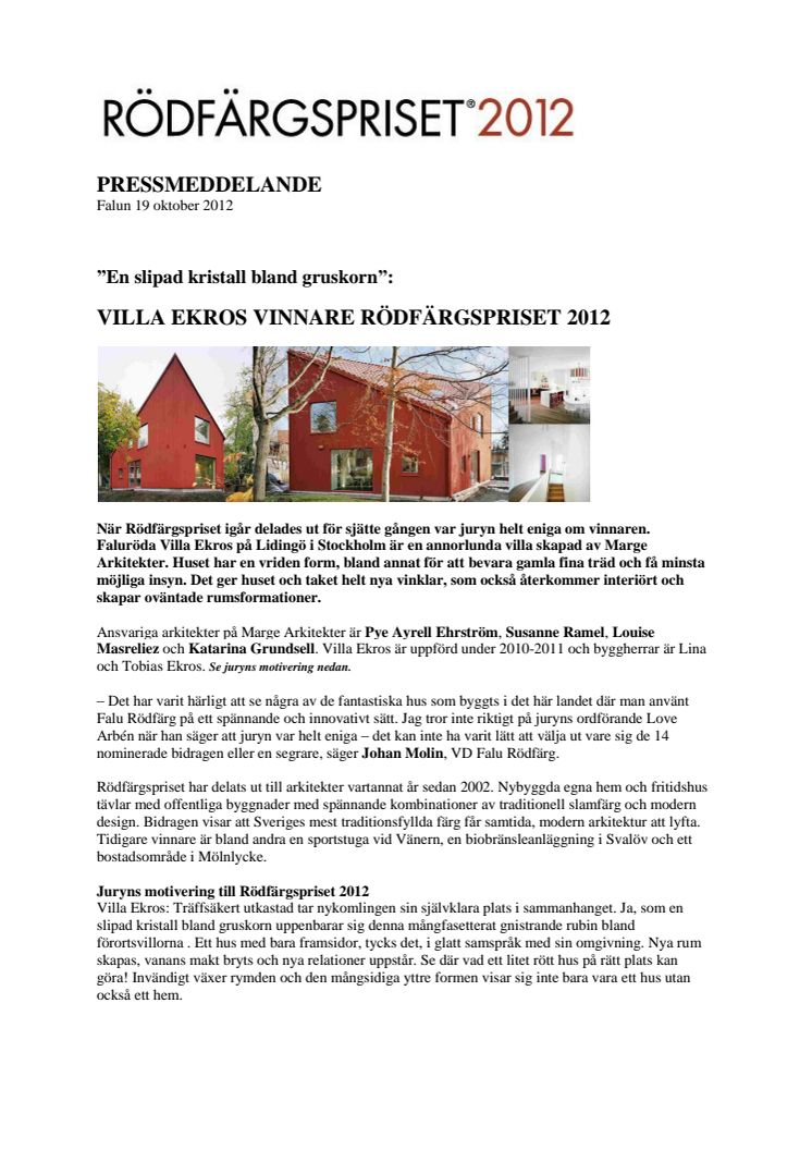 Villa Ekros vinnare Rödfärgspriset 2012