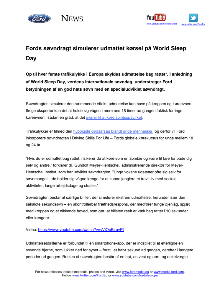 Fords søvndragt simulerer udmattet kørsel på World Sleep Day