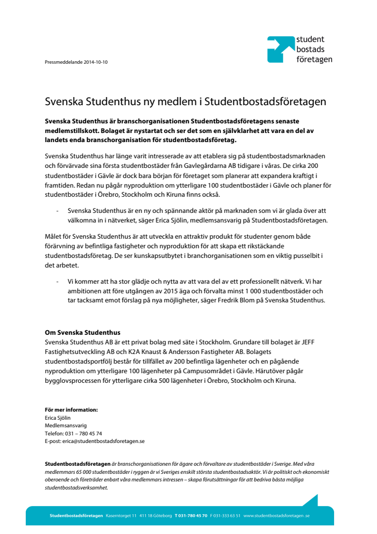 Svenska Studenthus ny medlem i Studentbostadsföretagen