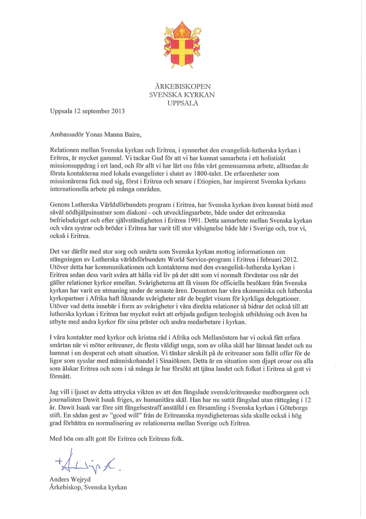 Ärkebiskopens brev till Eritreas ambassadör