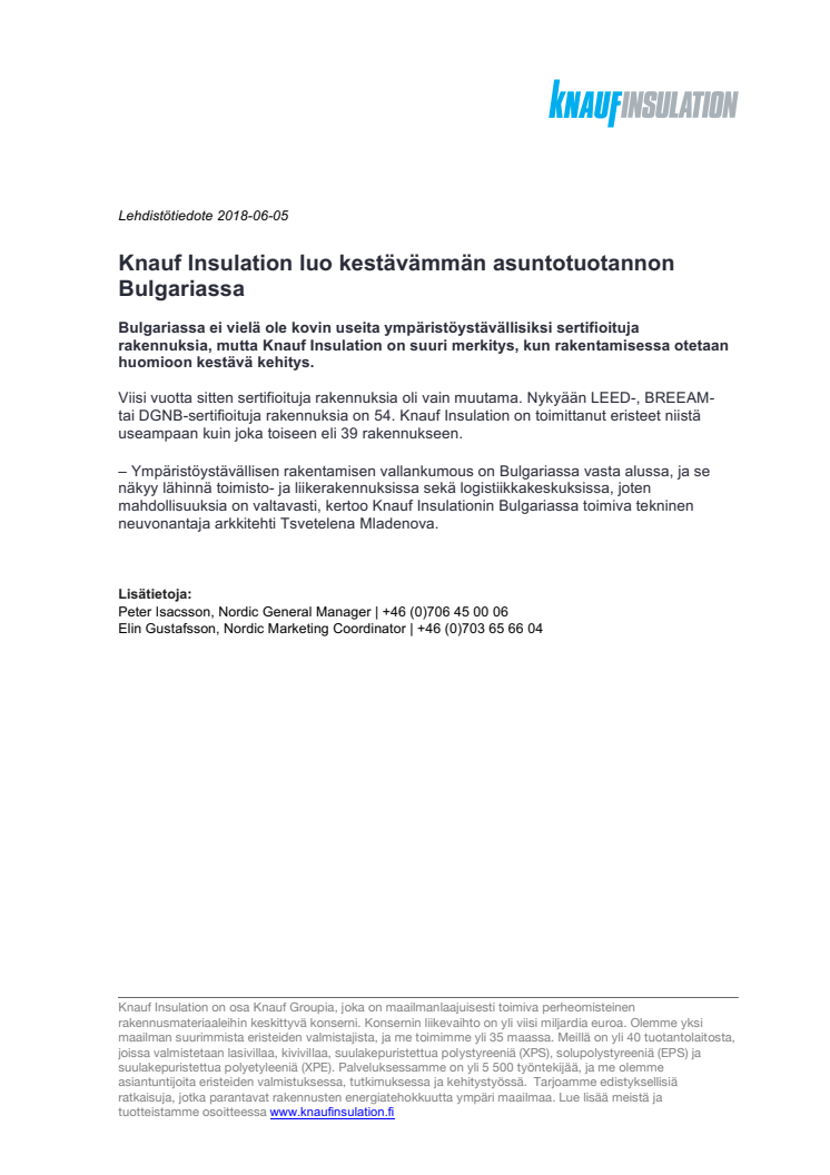 Knauf Insulation luo kestävämmän asuntotuotannon Bulgariassa