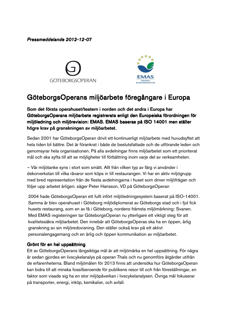 GöteborgsOperans miljöarbete föregångare i Europa
