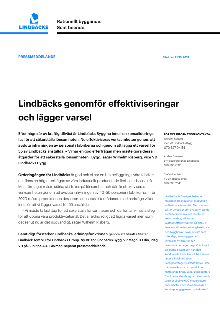 Lindbäcks genomför effektiviseringar och lägger varsel