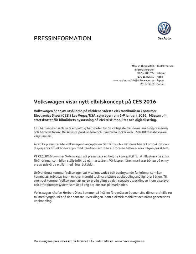Volkswagen visar nytt elbilskoncept på CES 2016