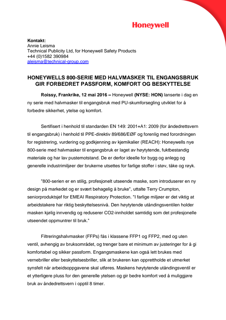 Honeywells 800-serie med halvmasker til engangsbruk gir forbedret passform, komfort og beskyttelse 