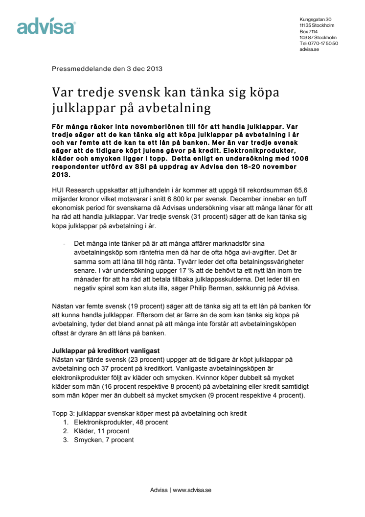Var tredje svensk kan tänka sig köpa julklappar på avbetalning