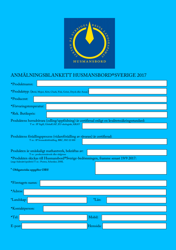 Anmälningsblankett Jakten på Sveriges bästa landskapsmat Husmansbord 2017