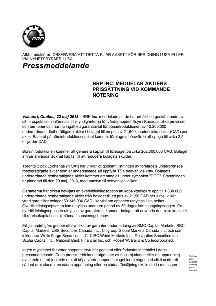 BRP INC. MEDDELAR AKTIENS PRISSÄTTNING VID KOMMANDE NOTERING