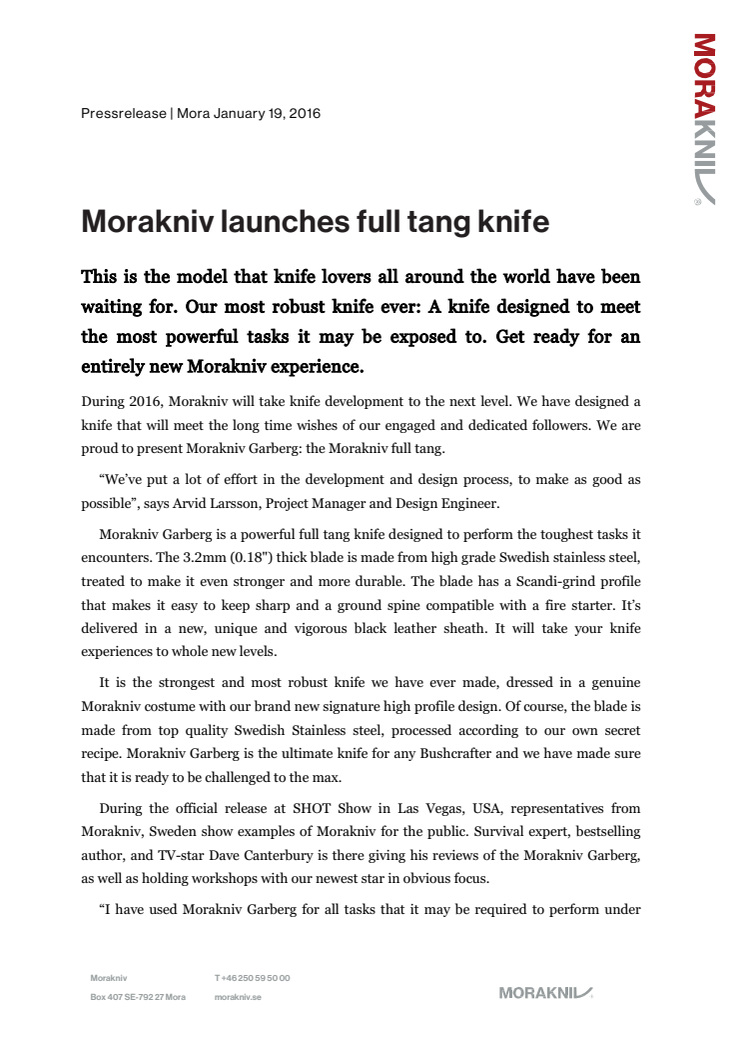 Morakniv launches Full tang knife