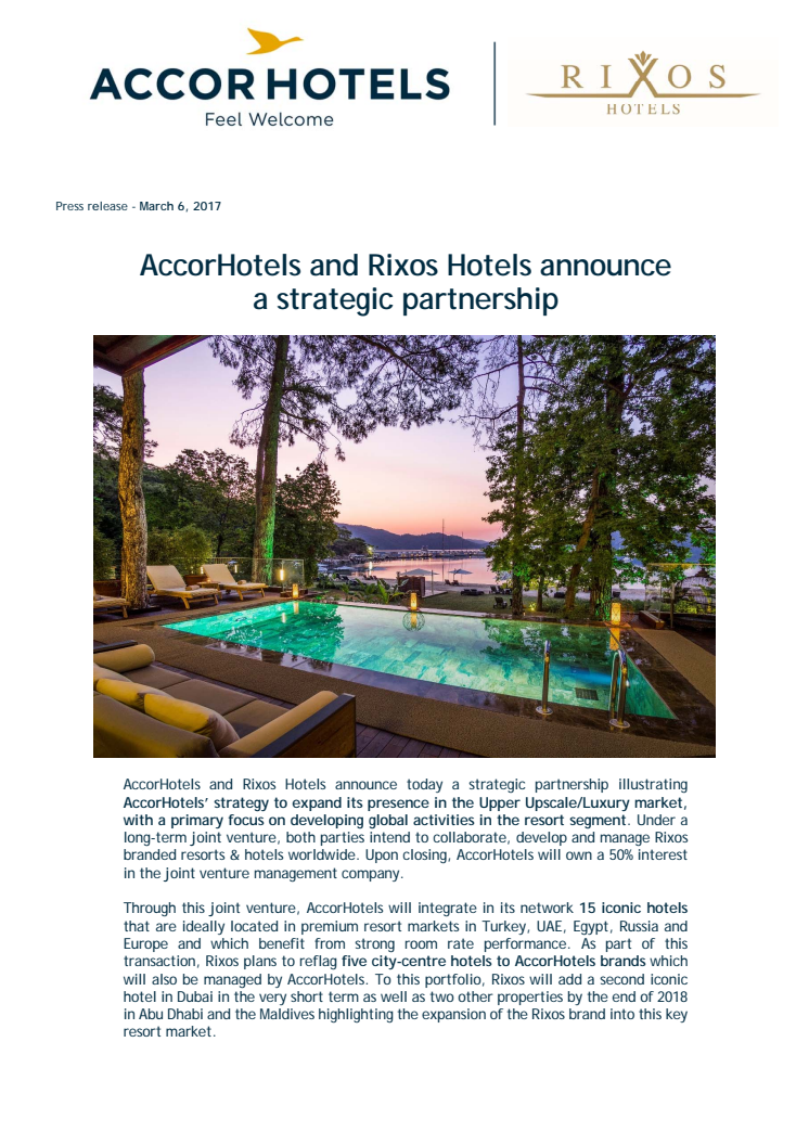 Press Release: AccorHotels and Rixos Hotels announce a strategic partnership