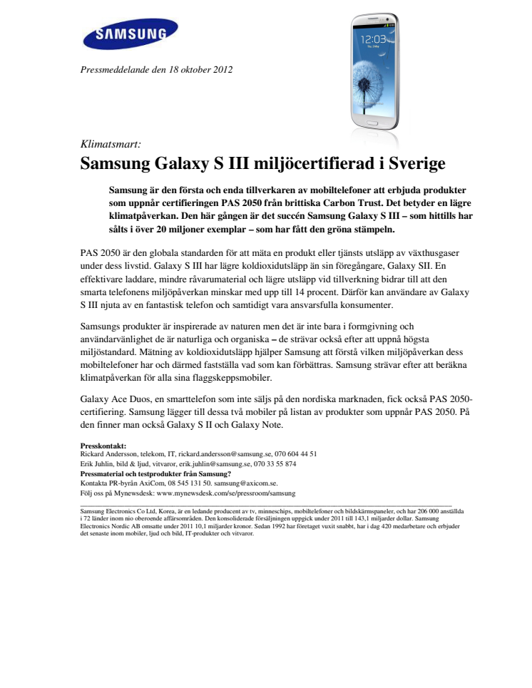 Klimatsmart: Samsung Galaxy S III miljöcertifierad i Sverige