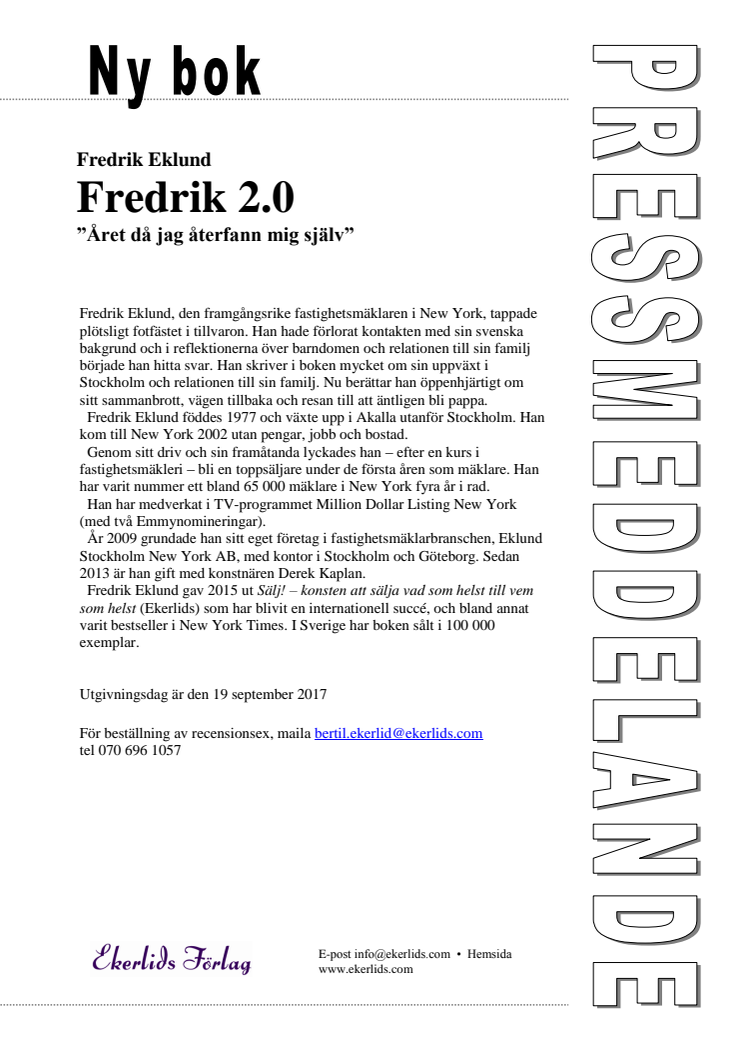 Ny bok: Fredrik 2.0 "Året då jag återfann mig själv" av Fredrik Eklund