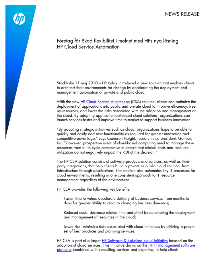 Företag får ökad flexibilitet i molnet med HPs nya lösning HP Cloud Service Automation 