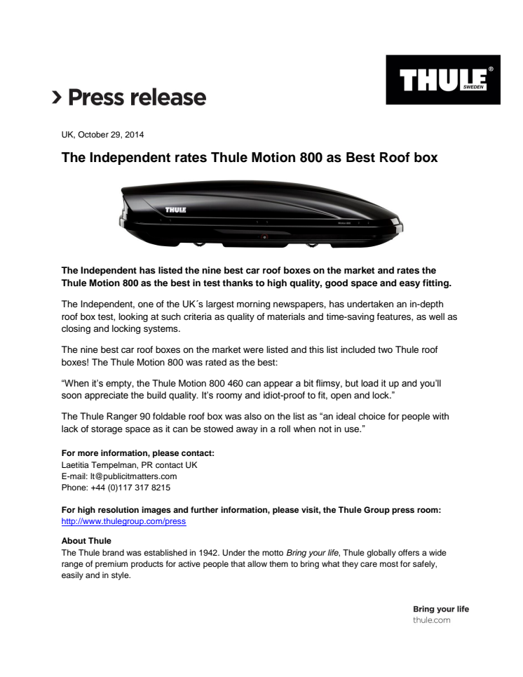 The Independent rates Thule Motion 800 as Best Roof box