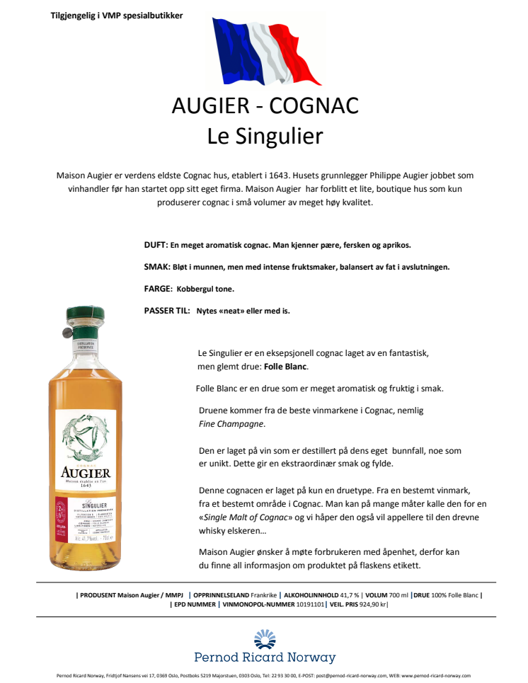 Augier - Le Singulier, produktinfo