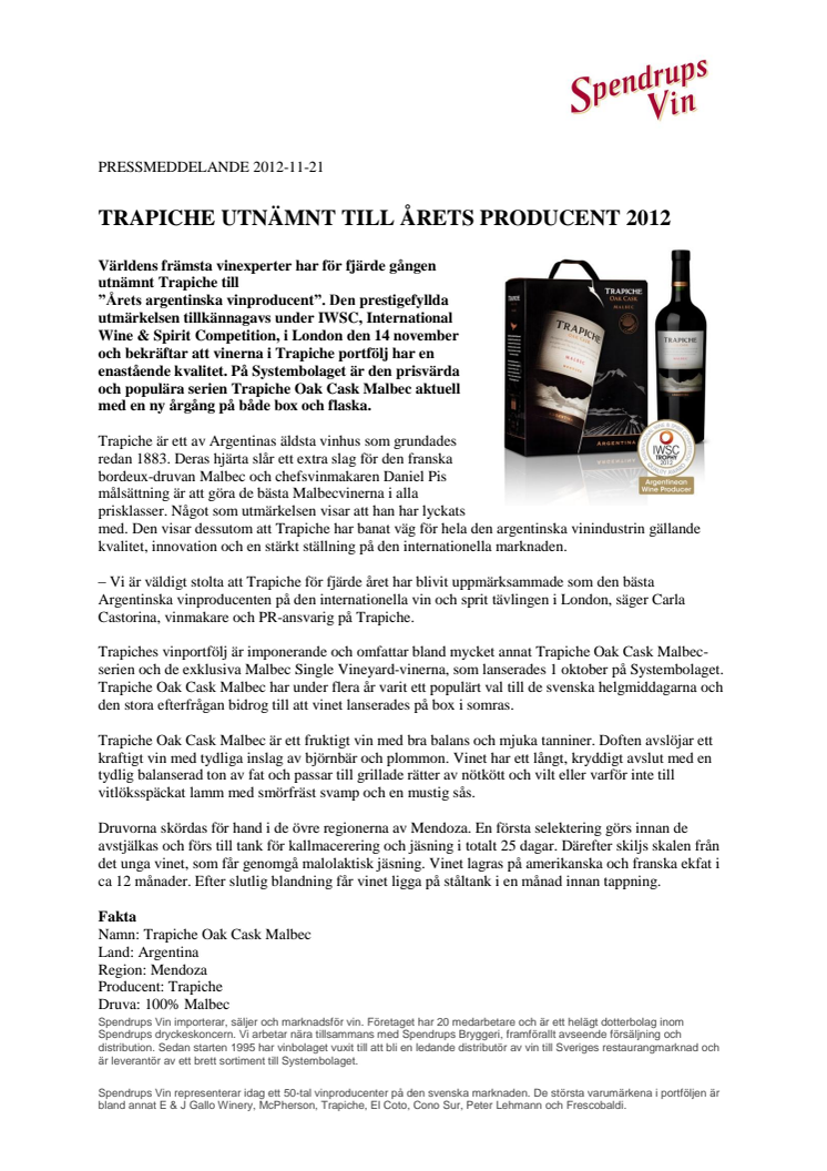 Trapiche utnämnt till årets producent 2012