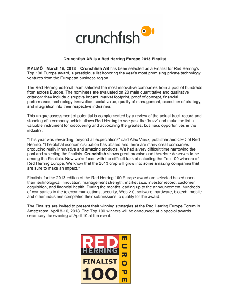 Crunchfish AB is a Red Herring Europe 2013 Finalist 