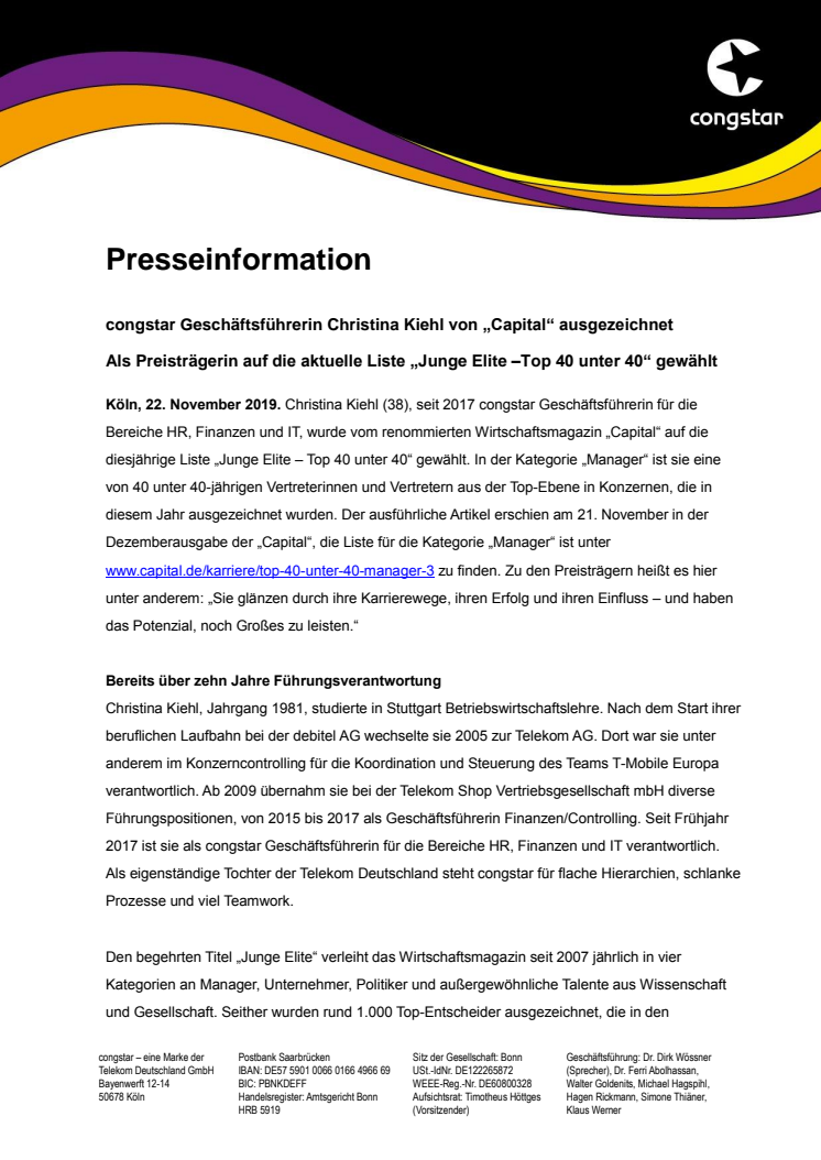 congstar Geschäftsführerin Christina Kiehl von „Capital“ ausgezeichnet
