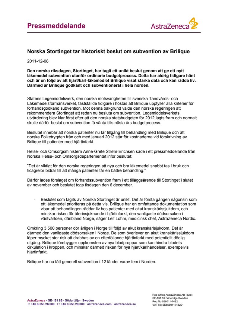 Norska Stortinget tar historiskt beslut om subvention av Brilique