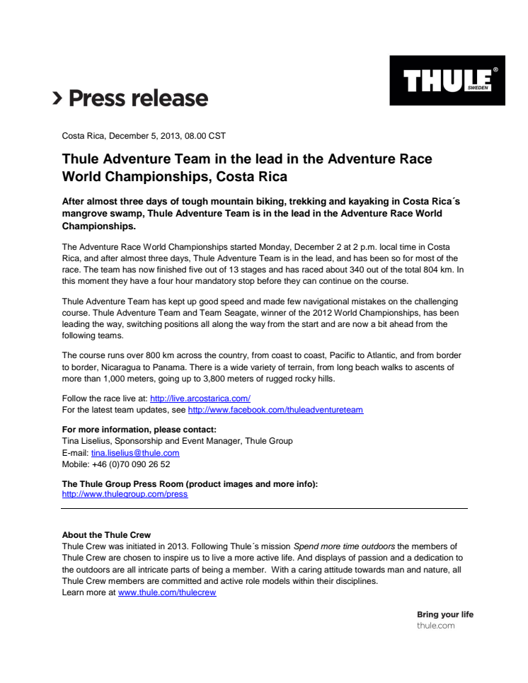 Thule Adventure Team in the lead in the Adventure Race World Championships, Costa Rica 
