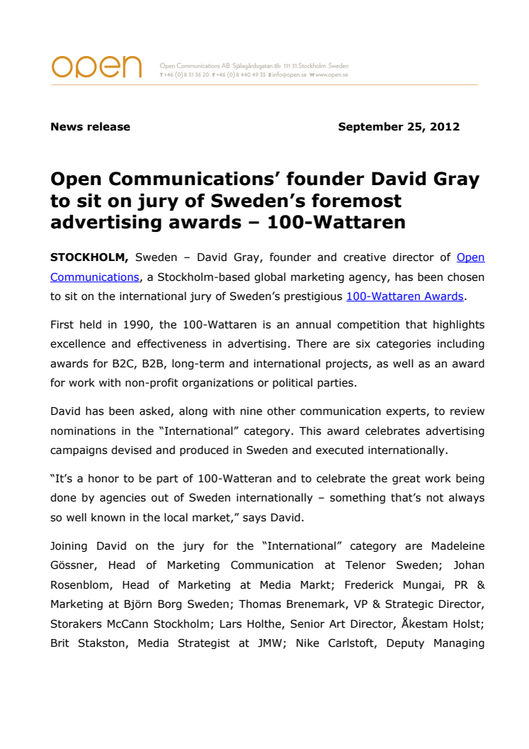 Open Communications’ founder David Gray to sit on jury of Sweden’s foremost advertising awards – 100-Wattaren