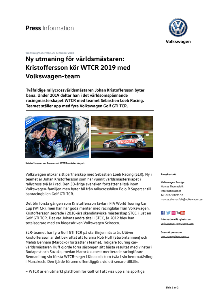 Ny utmaning för världsmästaren: Kristoffersson kör WTCR 2019 med Volkswagen-team