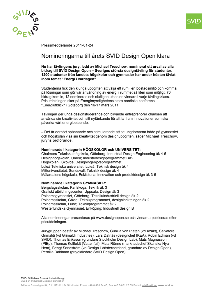 Nomineringarna till årets SVID Design Open klara