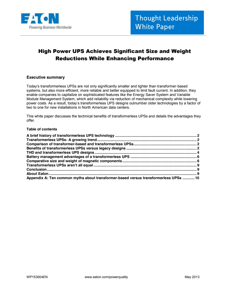 White paper: Fördelarna med transformatorlösa UPS:er