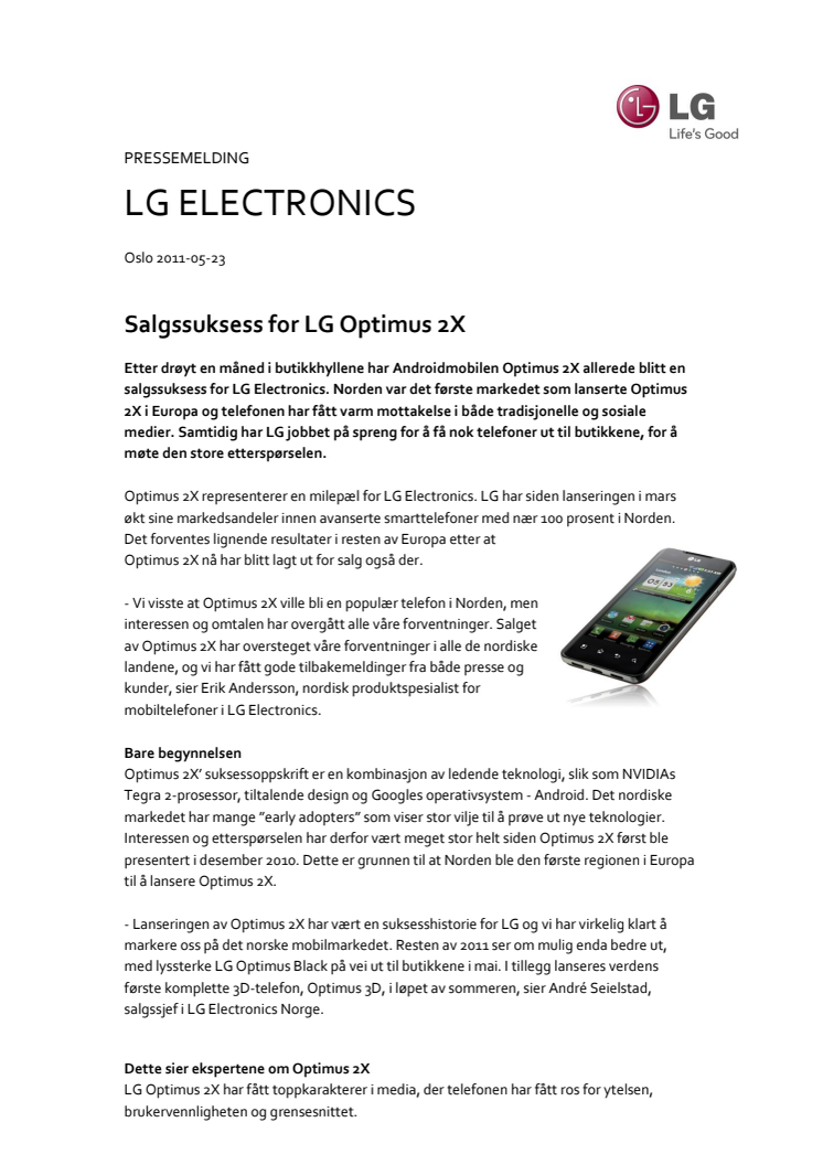 Salgssuksess for LG Optimus 2X 