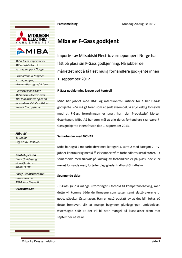 Miba er F-Gass godkjent