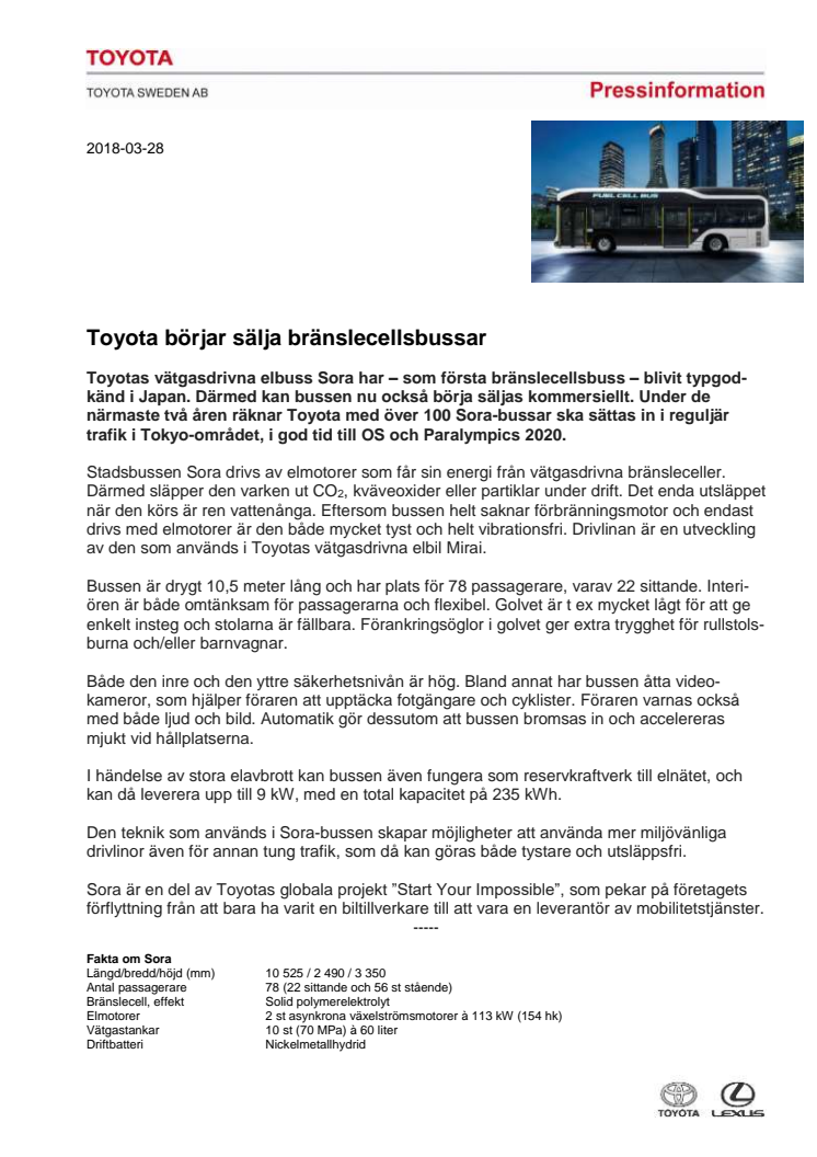 Toyota börjar sälja bränslecellsbussar