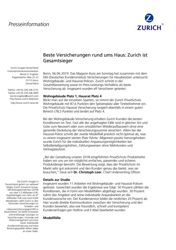 Beste Versicherungen rund ums Haus: Zurich ist Gesamtsieger