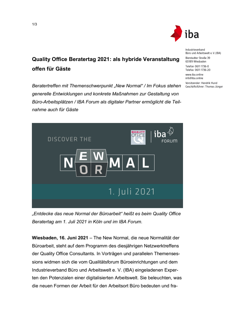 Quality Office Beratertag 2021: als hybride Veranstaltung offen für Gäste