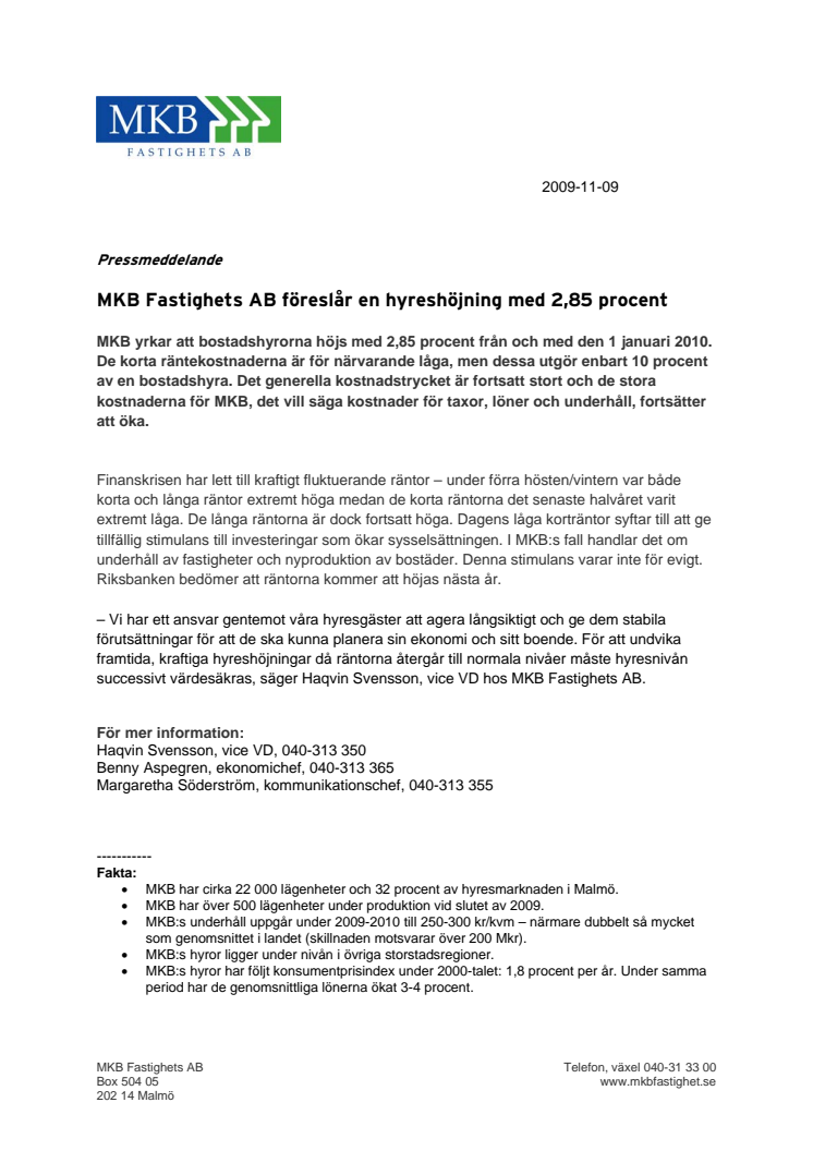 MKB Fastighets AB föreslår en hyreshöjning med 2,85 procent