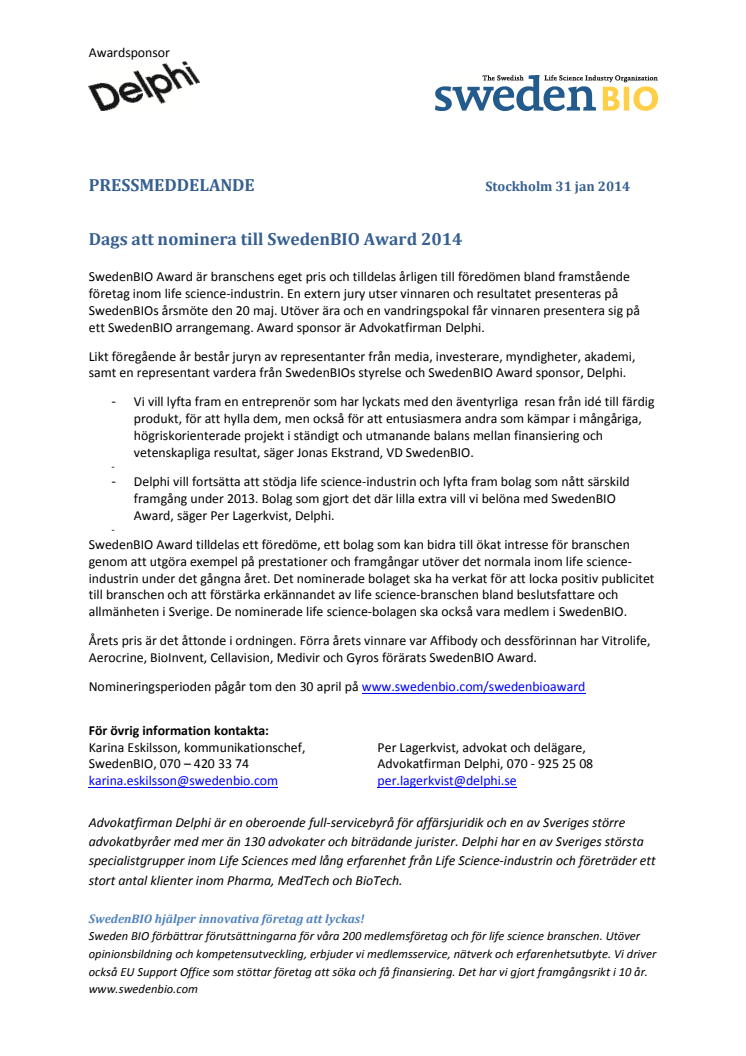 Dags att nominera till SwedenBIO Award 2014