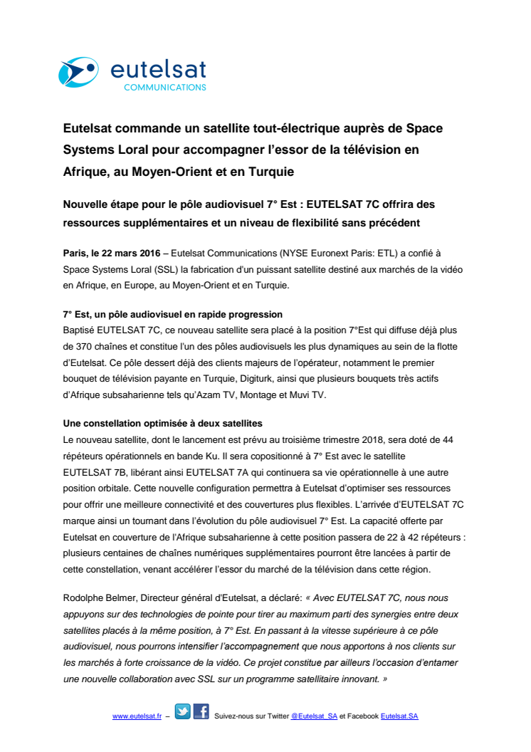 Eutelsat commande un satellite tout-électrique auprès de Space Systems Loral pour accompagner l’essor de la télévision en Afrique, au Moyen-Orient et en Turquie