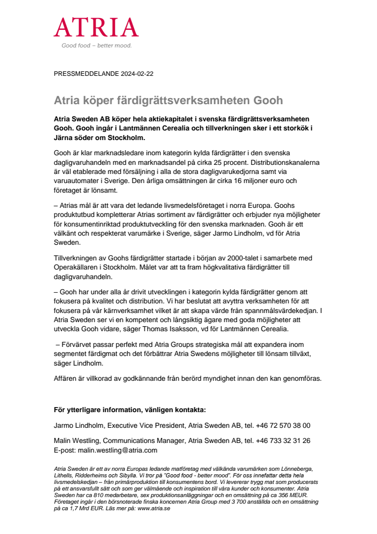 Atria köper färdigrättsverksamheten Gooh