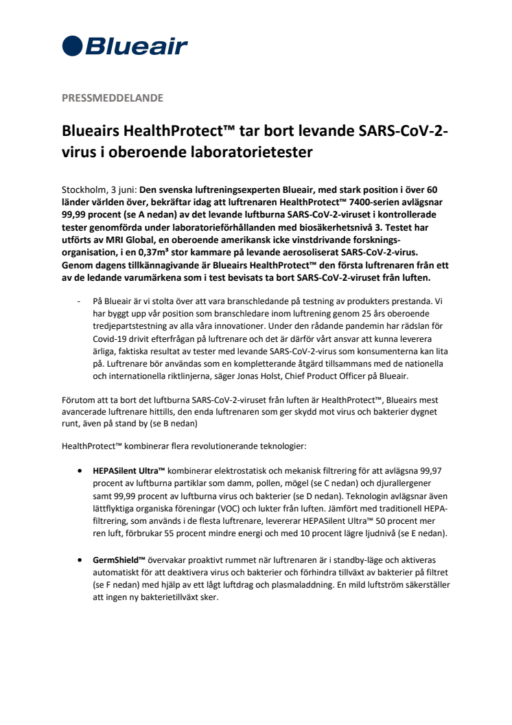 Blueairs HealthProtect™ tar bort levande SARS-CoV-2-virus i oberoende laboratorietester