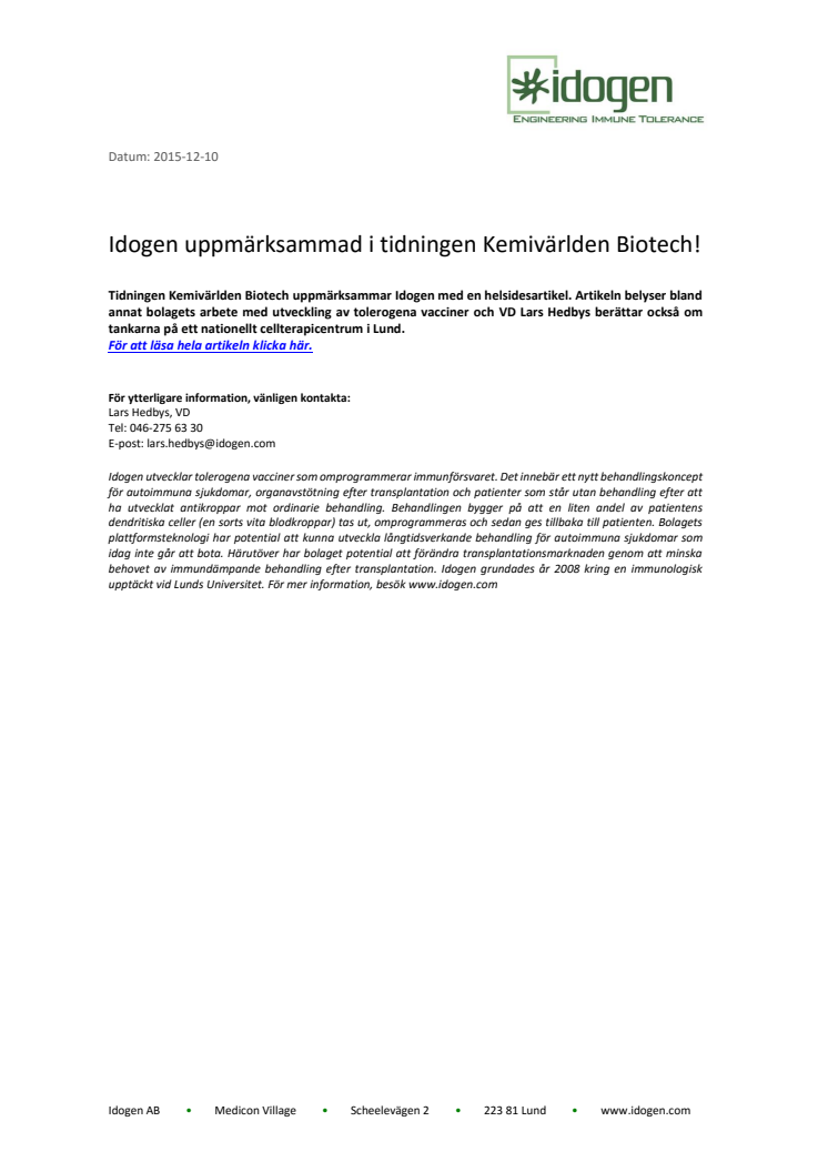 Idogen uppmärksammad i tidningen Kemivärlden Biotech!