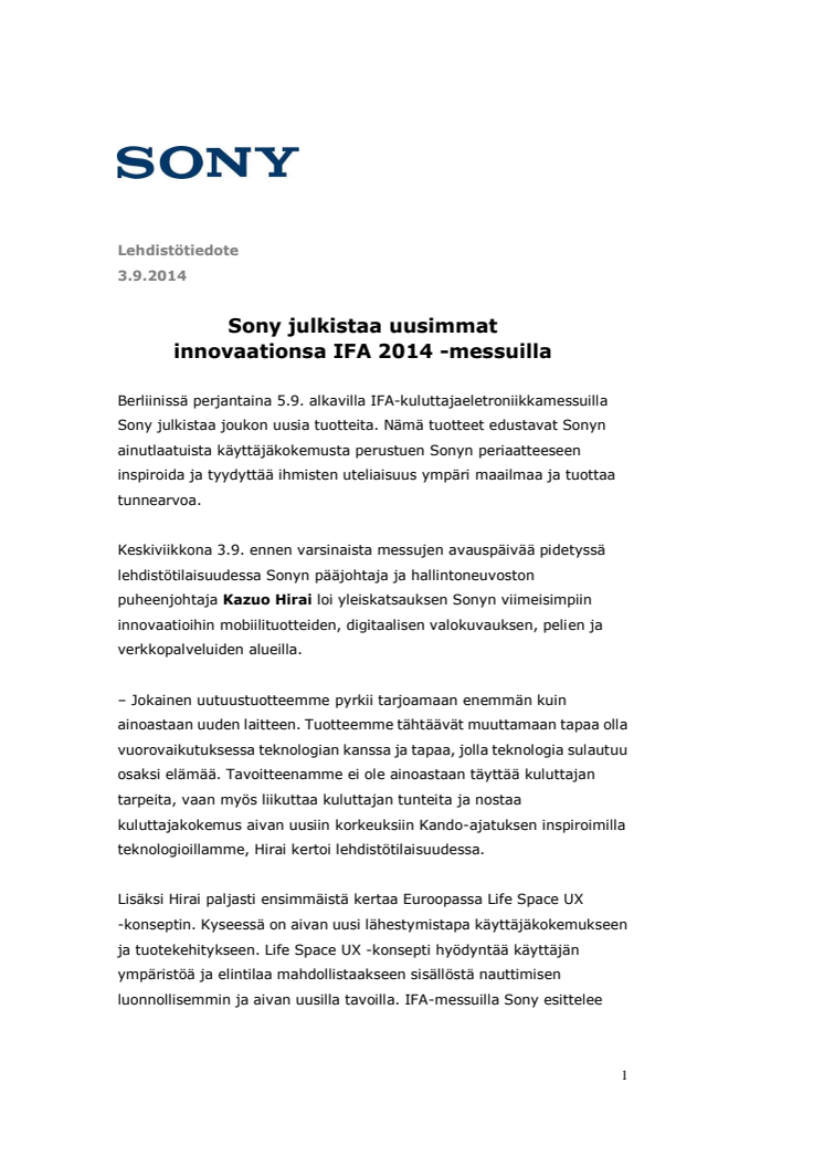 Sony julkistaa uusimmat innovaationsa IFA 2014 -messuilla