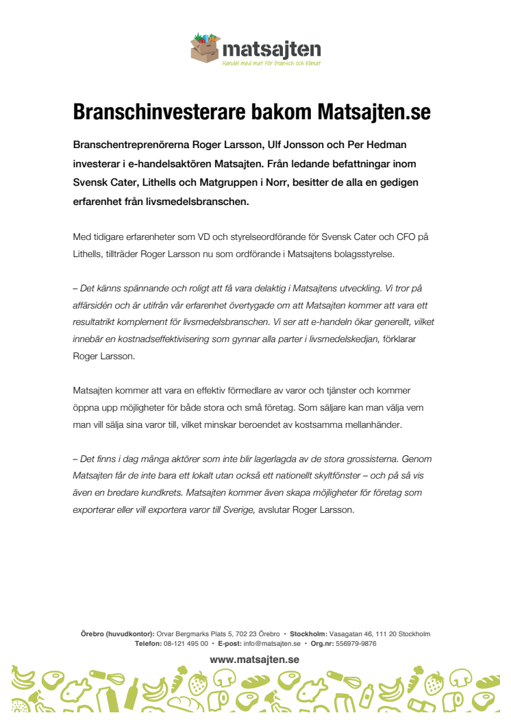 Branschinvesterare bakom Matsajten.se