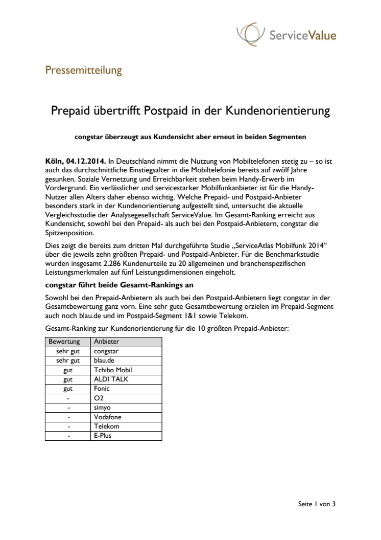 ServiceAtlas Mobilfunk 2014: Wettbewerbsanalyse zur Kundenorientierung