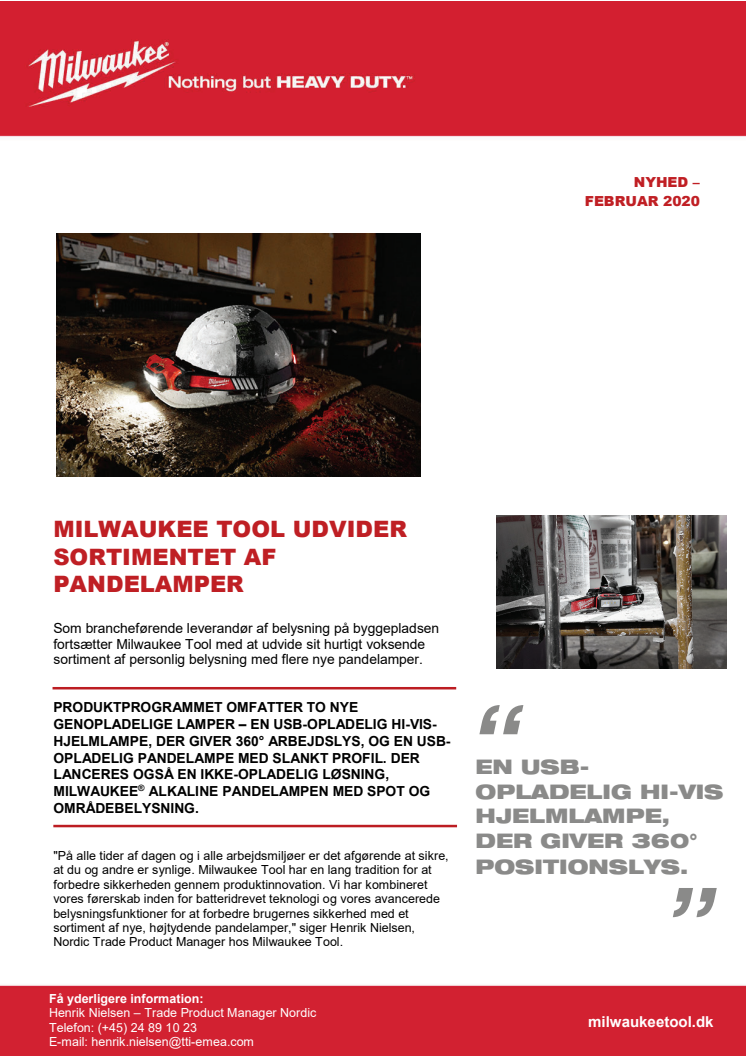 MILWAUKEE TOOL UDVIDER SORTIMENTET AF PANDELAMPER