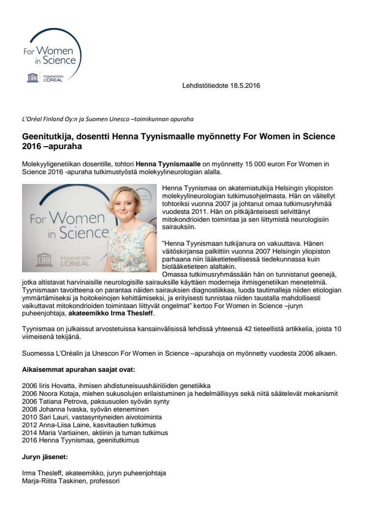 Henna Tyynismaa, For Women in Science -apurahan saaja 2016