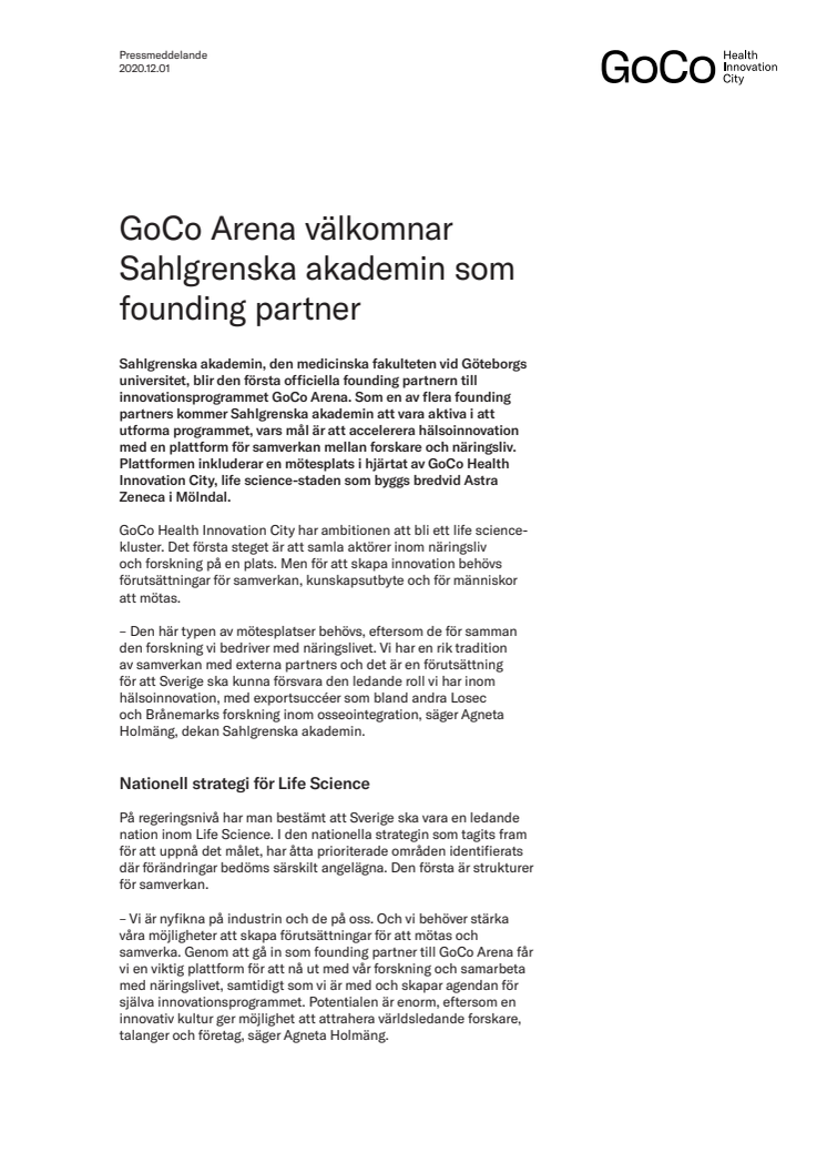 GoCo Arena välkomnar Sahlgrenska akademin som founding partner