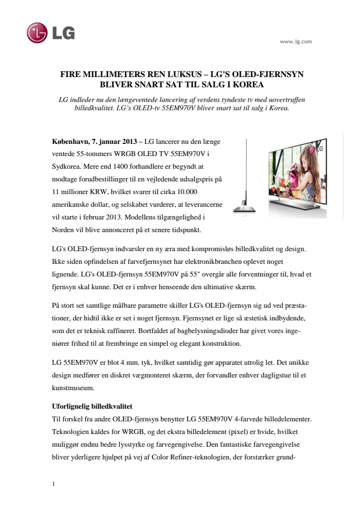 FIRE MILLIMETERS REN LUKSUS – LG'S OLED-FJERNSYN BLIVER SNART SAT TIL SALG I KOREA