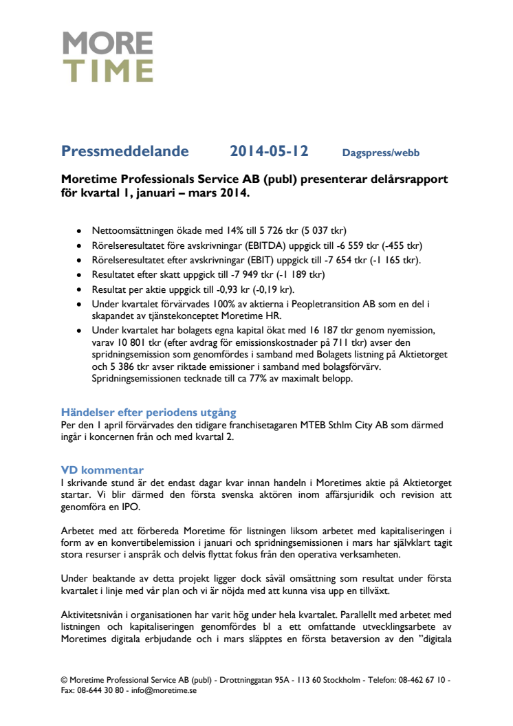 Moretime Professionals Service AB (publ) presenterar delårsrapport för kvartal 1, januari – mars 2014.