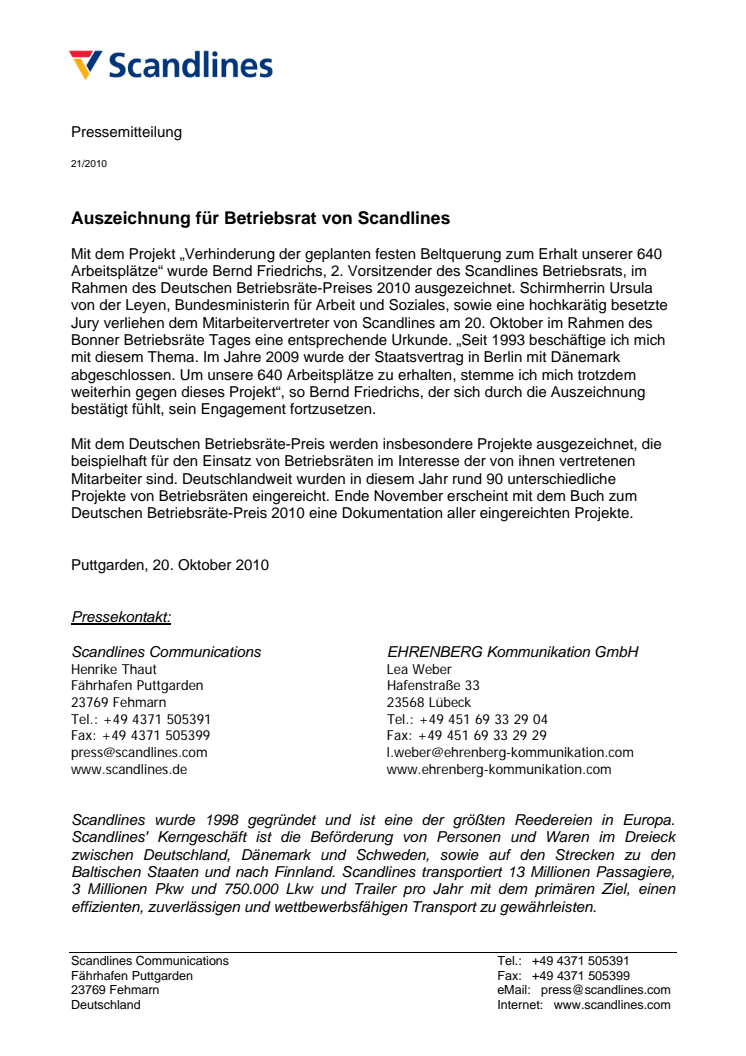 Auszeichnung für Betriebsrat von Scandlines