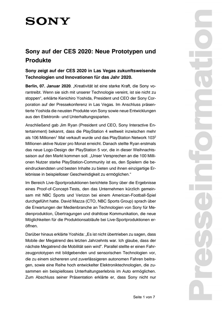​Sony auf der CES 2020: Neue Prototypen und Produkte