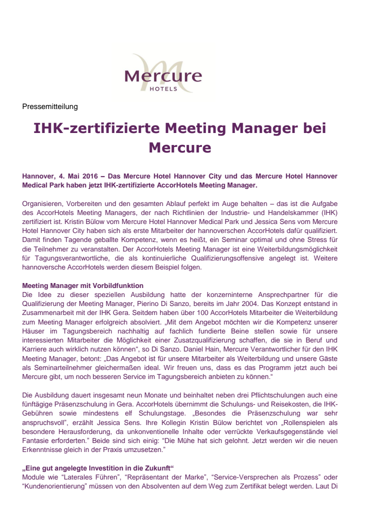 IHK-zertifizierte Meeting Manager bei Mercure Hotels in Hannover